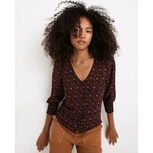 MADEWELL Smocked-Cuff Button-Front Top Orchard Floral SIZE 12 Cottagecore New V4